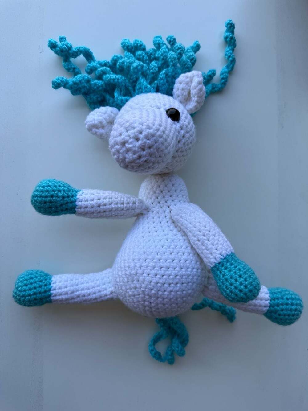 Handmade White and Turquoise Crochet Unicorn Amigurumi Stuffed Toy